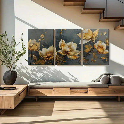 3pcs Elegant Golden Floral Metal Print Ready to Hang Art