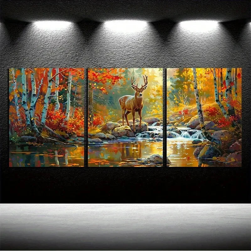 3pcs Autumn Forest Deer on the Lake Rock Metal Print Ready to Hang Art