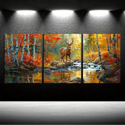 3pcs Autumn Forest Deer on the Lake Rock Metal Print Ready to Hang Art
