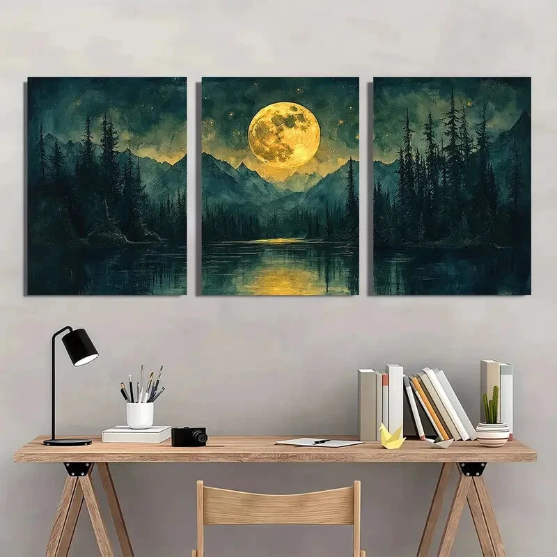 3pcs Watercolor Night Sky Forest & Lake Landscape Metal Print Ready to Hang Art