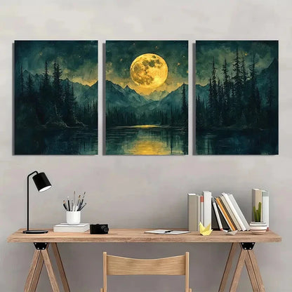 3pcs Watercolor Night Sky Forest & Lake Landscape Metal Print Ready to Hang Art