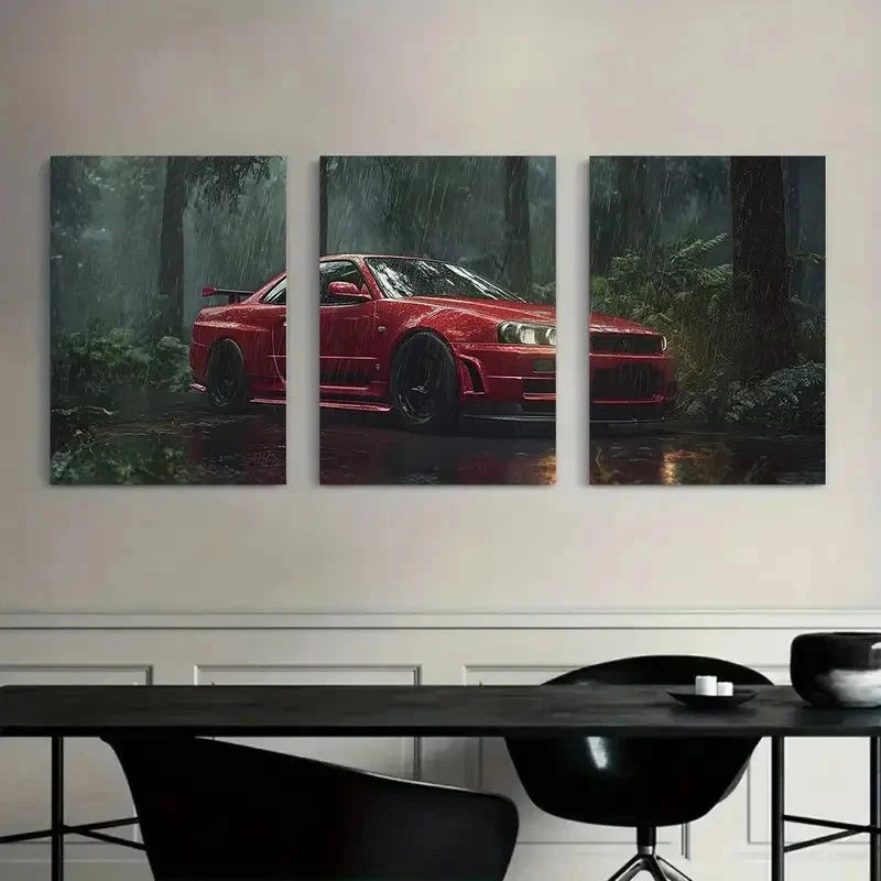 3pcs Red Nissan Skyline GT-R in Rain Paintings Metal Print Ready to Hang Art