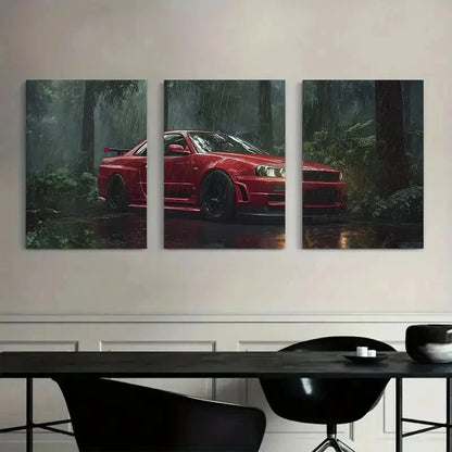 3pcs Red Nissan Skyline GT-R in Rain Paintings Metal Print Ready to Hang Art