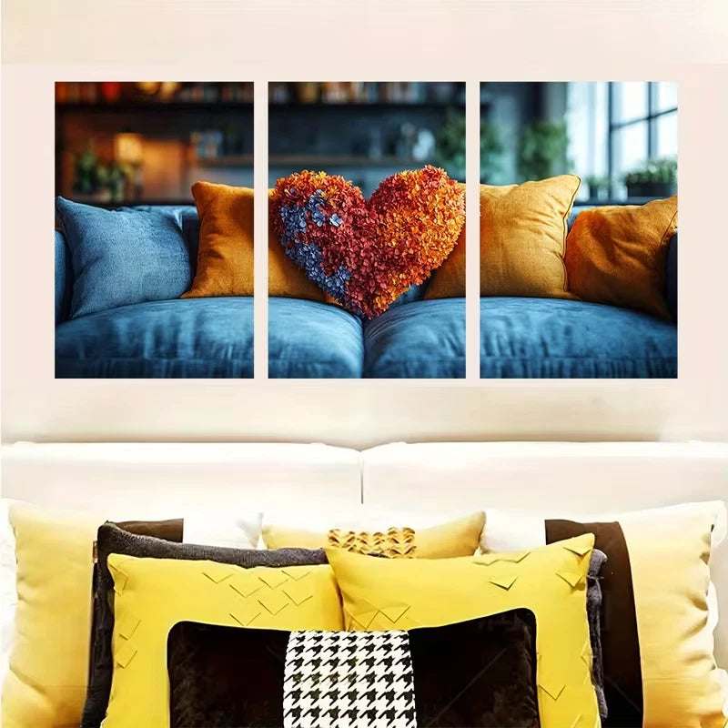 3pcs Vibrant Floral & Geometric Boho Heart Metal Print Ready to Hang Art