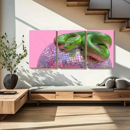 3pcs Vibrant Green Snake & Disco Ball Metal Print Ready to Hang Art