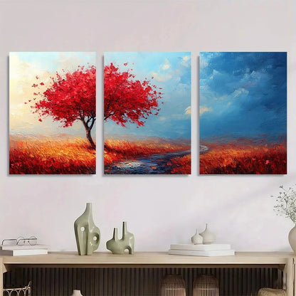 3pcs Abstract Colorful Modern Red Trees River Metal Print Ready to Hang Art