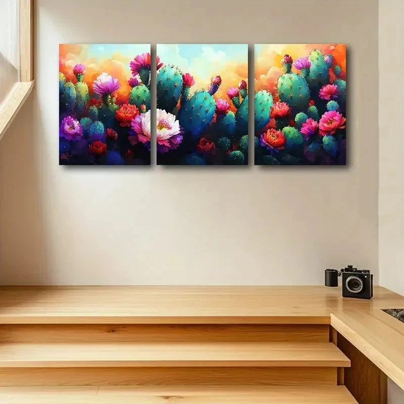 3pcs Vibrant Colorful Cacti Modern Painting Metal Print Ready to Hang Art