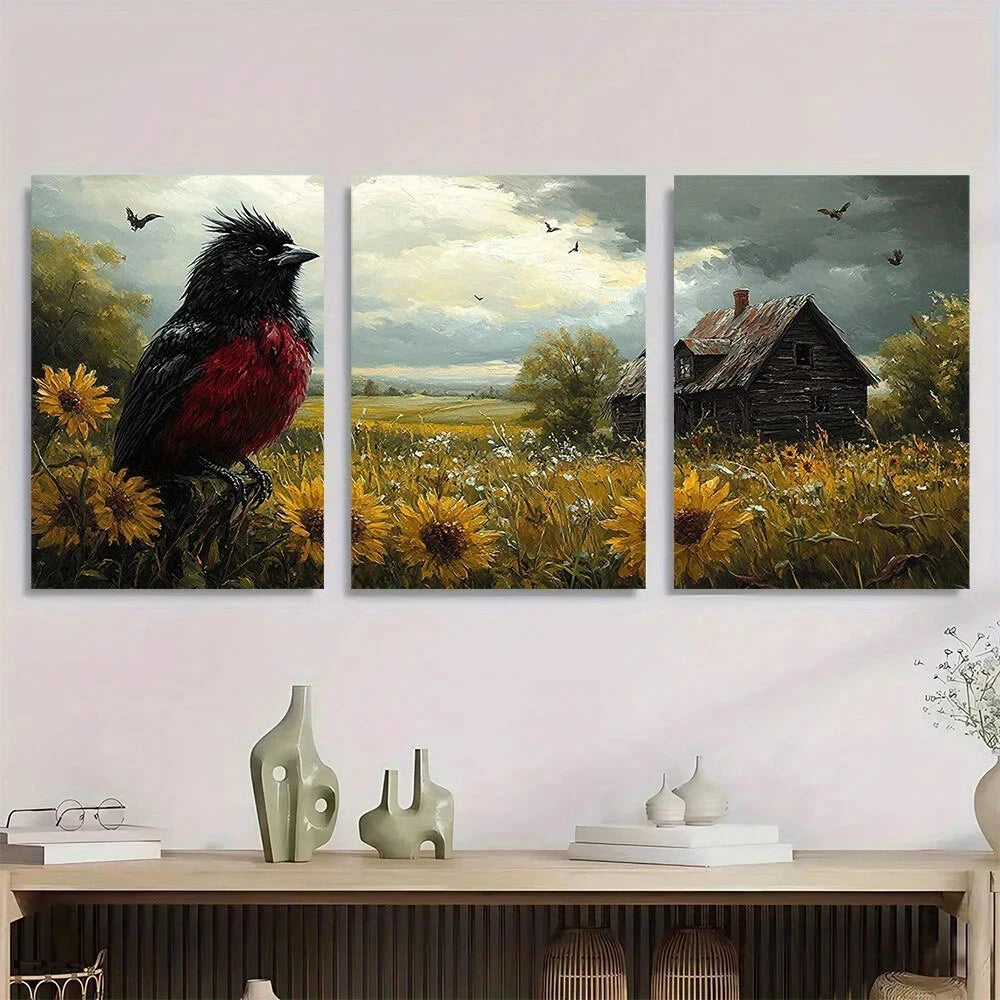 3pcs Black & Red Bird Golden Wheat Field Metal Print Ready to Hang Art