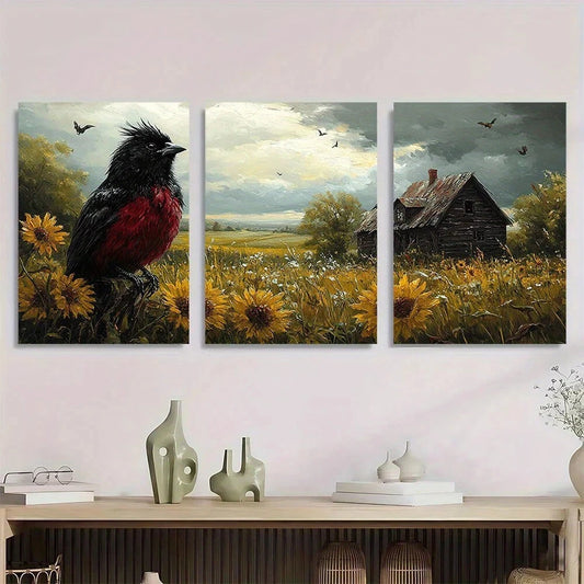 3pcs Black & Red Bird Golden Wheat Field Metal Print Ready to Hang Art