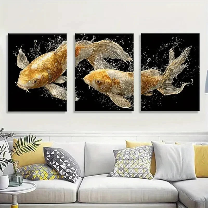 3pcs Golden Koi Fish Prosperity Symbol Wall Art Metal Print Ready to Hang Art