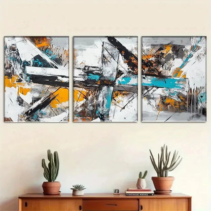 3pcs Bold Brushstrokes in Black White Orange Metal Print Ready to Hang Art