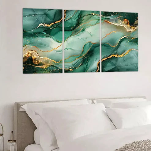 3pcs Green & Gold Abstract Design Canvas Framed 60x90cm - High Quality Print 100% Australian Made Wall Canvas Ready to Hang