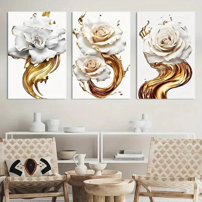 3pcs Golden And White Rose Abstract Flowers Metal Print Ready to Hang Art