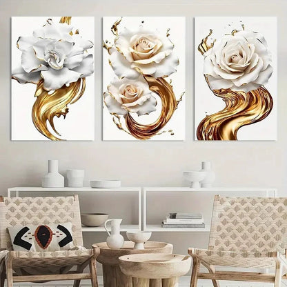 3pcs Golden And White Rose Abstract Flowers Metal Print Ready to Hang Art