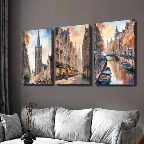3pcs Autumn Streets of Amsterdam Landscape Wall Art Set Canvas Unframed - High Quality Print 100% Australian Made Wall Canvas