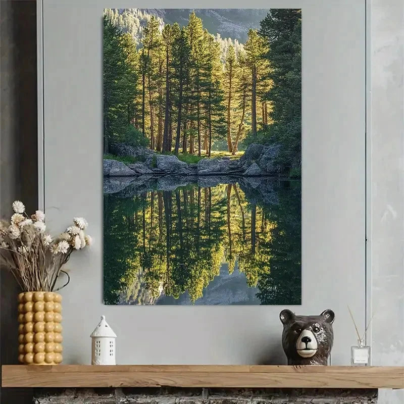 Pine Forest Lake Reflection Nature Landscape Poster 40x60cm Metal Print Ready to Hang