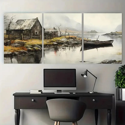 3pcs Old Boat and Lake House in Fjords Metal Print Ready to Hang Art