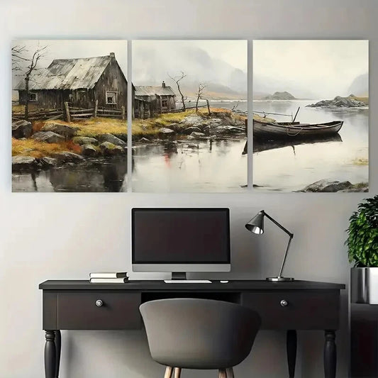 3pcs Old Boat and Lake House in Fjords Metal Print Ready to Hang Art