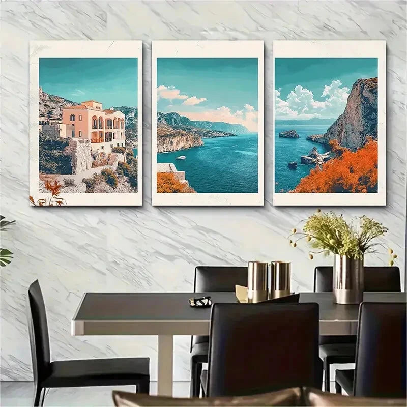 3pcs Vibrant Travel Posters Featuring Scenic Coast Metal Print Ready to Hang Art