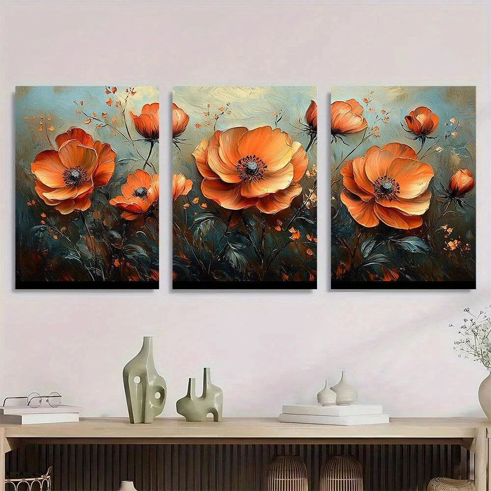 3pcs Painting Flowers Paintings Orange Metal Print Ready to Hang Art