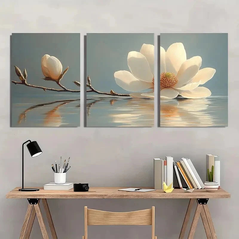 3pcs White Magnolia Flower Art Painting Metal Print Ready to Hang Art