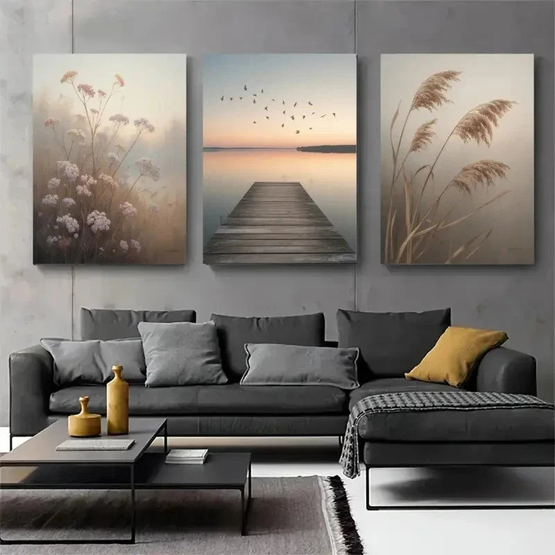 3pcs Dock Birds Wildflowers Reed Grass Metal Print Ready to Hang Art