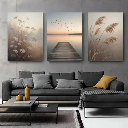3pcs Dock Birds Wildflowers Reed Grass Metal Print Ready to Hang Art