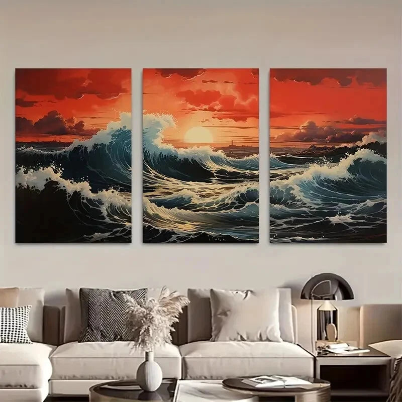 3pcs Asian Art Japanese Wall Art Ocean Waves Metal Print Ready to Hang Art