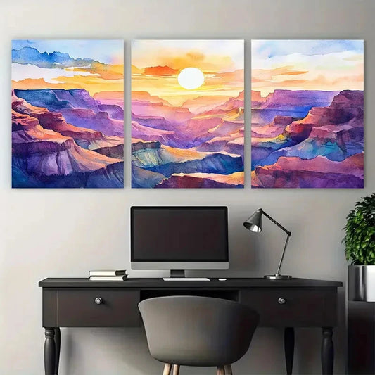 3pcs Radiant Canyon Sunset Watercolor Painting Wall Art Set Canvas Framed 50x70cm - High Quality Print 100% Australian Made Wall Canvas Ready to Hang