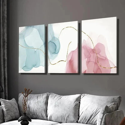 3pcs Pink Blue White & Golden Lines Wall Art Set Canvas Framed 40x60cm - High Quality Print 100% Australian Made Wall Canvas Ready to Hang