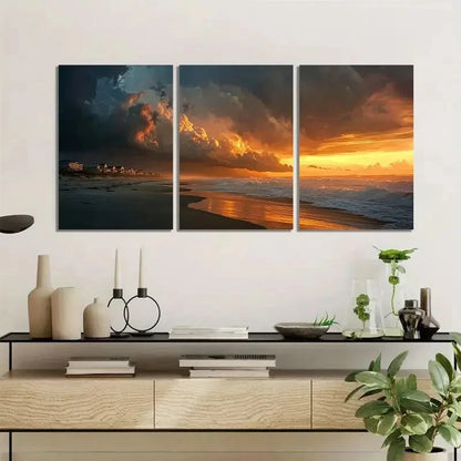 3pcs Dramatic Ocean Sunset with Storm Clouds Metal Print Ready to Hang Art