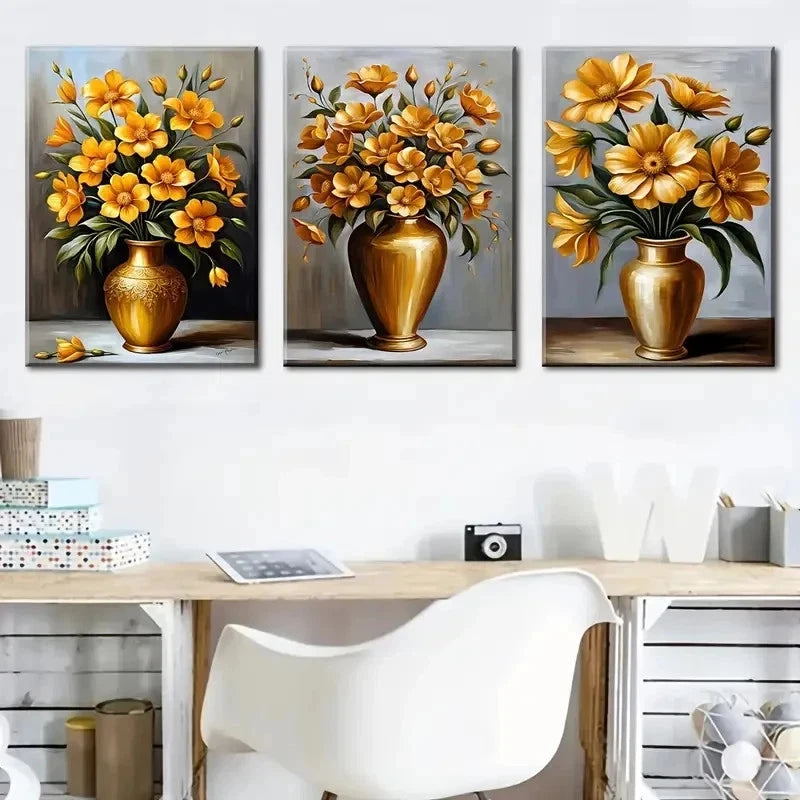 3pcs Vibrant Potted Floral Golden Vase Perfect Wall Art Set Canvas Framed 40x60cm - High Quality Print 100% Australian Made Wall Canvas Ready to Hang