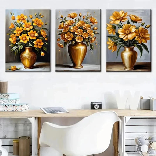 3pcs Vibrant Potted Floral Golden Vase Perfect Wall Art Set Canvas Framed 40x60cm - High Quality Print 100% Australian Made Wall Canvas Ready to Hang