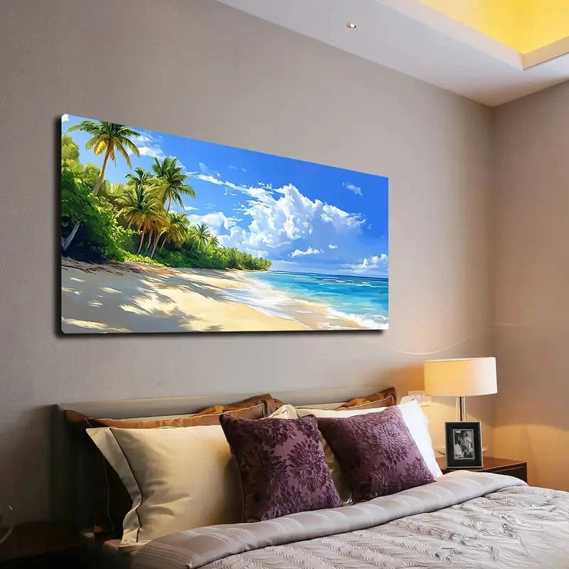 Beach Scene with Palm Trees Wall Art canvas office home room framed 120x60cm