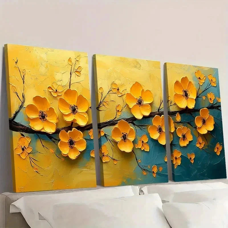 3pcs Abstract Painting Yellow Floral DU  Wall Art Set Canvas Framed 50x70cm - High Quality Print 100% Australian Made Wall Canvas Ready to Hang