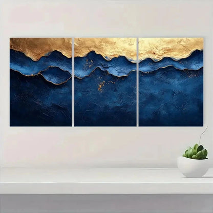 3pcs Abstract Blue & Golden Textured Minimalist Metal Print Ready to Hang Art