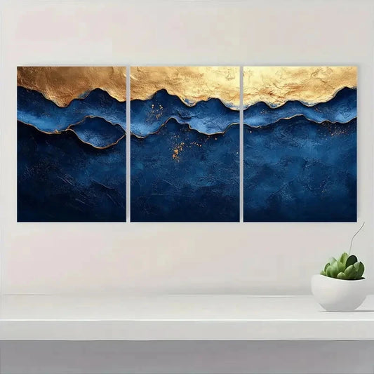 3pcs Abstract Blue & Golden Textured Minimalist Metal Print Ready to Hang Art
