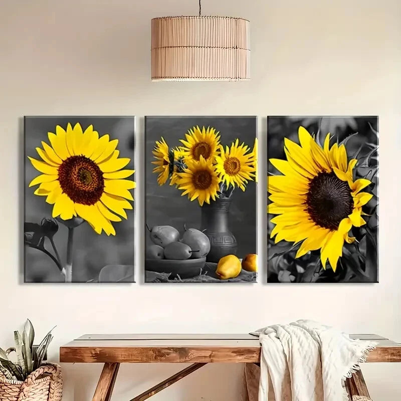 3pcs Sunflower Black and White Paintings Metal Print Ready to Hang Art