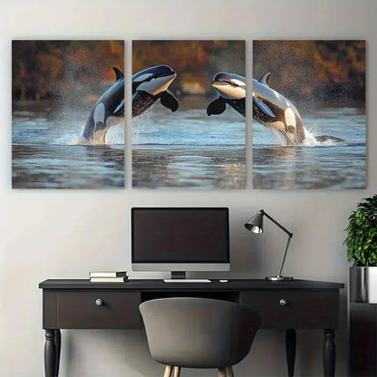 3pcs Orca Leaping Killer Whales in Ocean Sea Wall Art Set Canvas Framed 50x70cm - High Quality Print 100% Australian Made Wall Canvas Ready to Hang