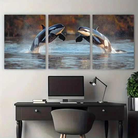 3pcs Orca Leaping Killer Whales in Ocean Sea Wall Art Set Canvas Framed 50x70cm - High Quality Print 100% Australian Made Wall Canvas Ready to Hang