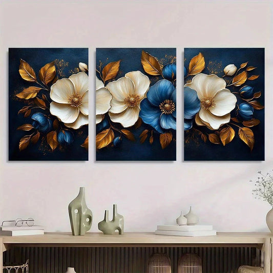 3pcs White And Navy Blue Flowers Golden Leaves Metal Print Ready to Hang Art