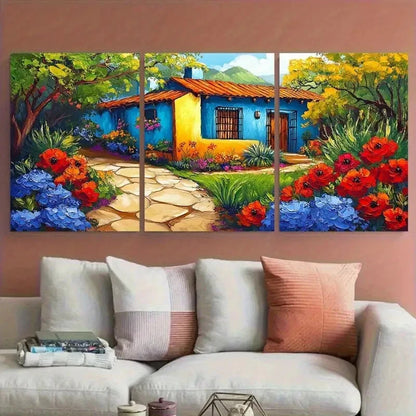 3pcs Vibrant Mexico House with Florals Metal Print Ready to Hang Art