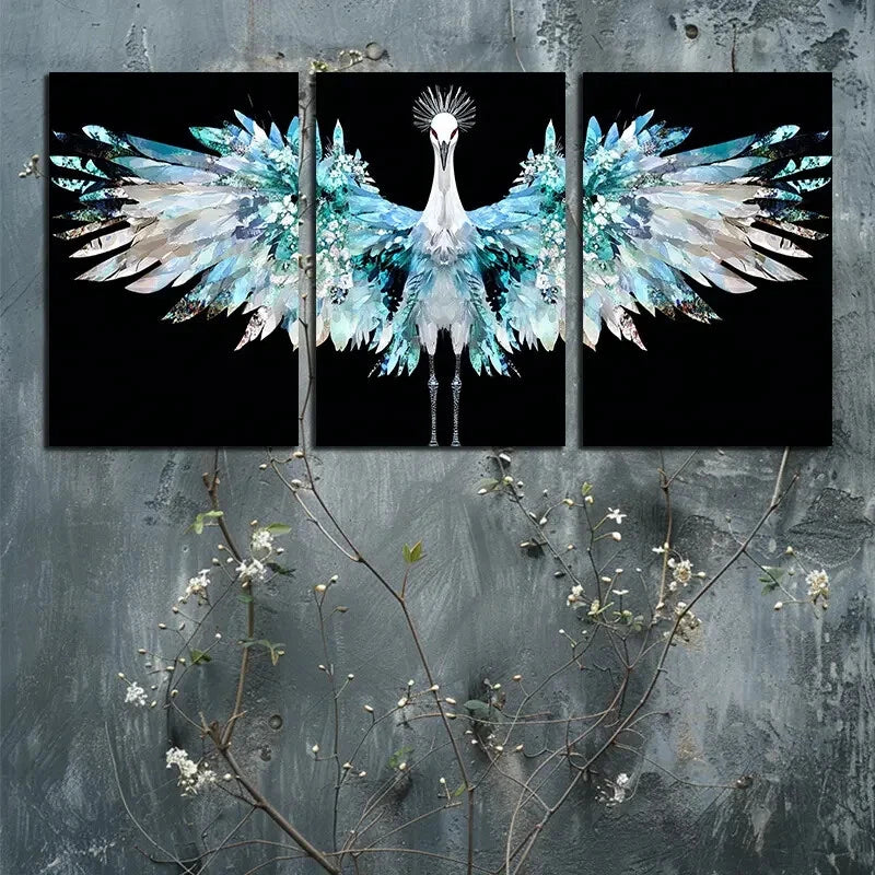 3pcs Crane Among the Flowers Design Metal Print Ready to Hang Art