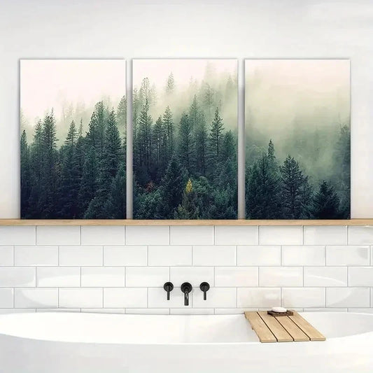 3pcs Aerial View of Pine Trees in Mist Metal Print Ready to Hang Art