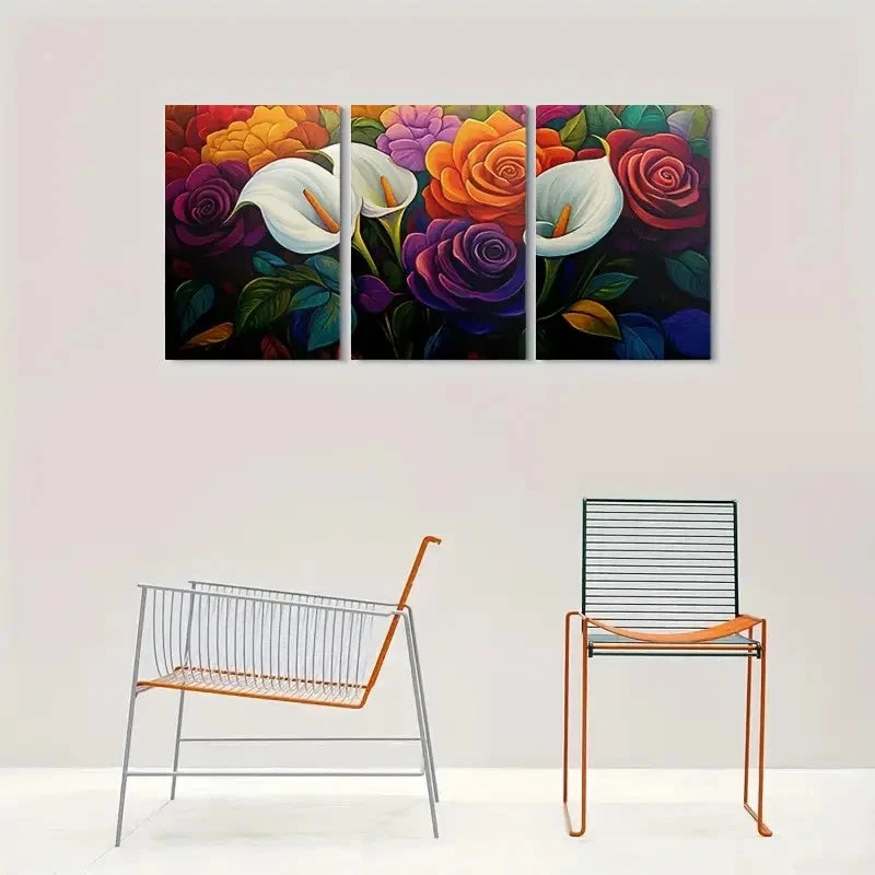 3pcs Colorful Floral White Orange and Red Metal Print Ready to Hang Art