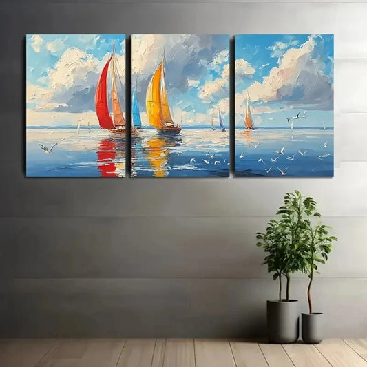 Three-panel painting of sailboats on a wall with two potted plants on the floor.