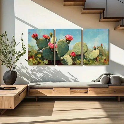 3pcs Artistic Cactus Painting Desert Bloom Metal Print Ready to Hang Art