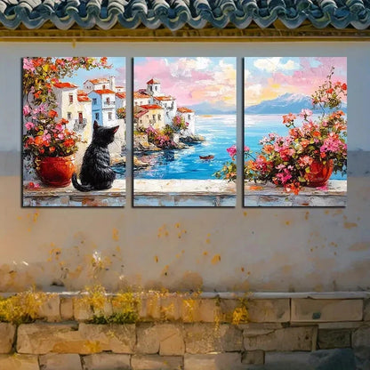 3pcs Charming Cat Watching The Scenery Design Metal Print Ready to Hang Art