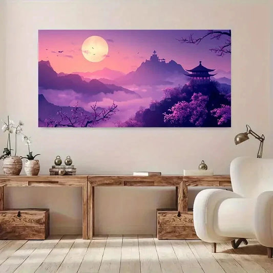 Pink Sunset Pagoda Forest wall canvas office home room framed 120x60cm - Bella Home Decor