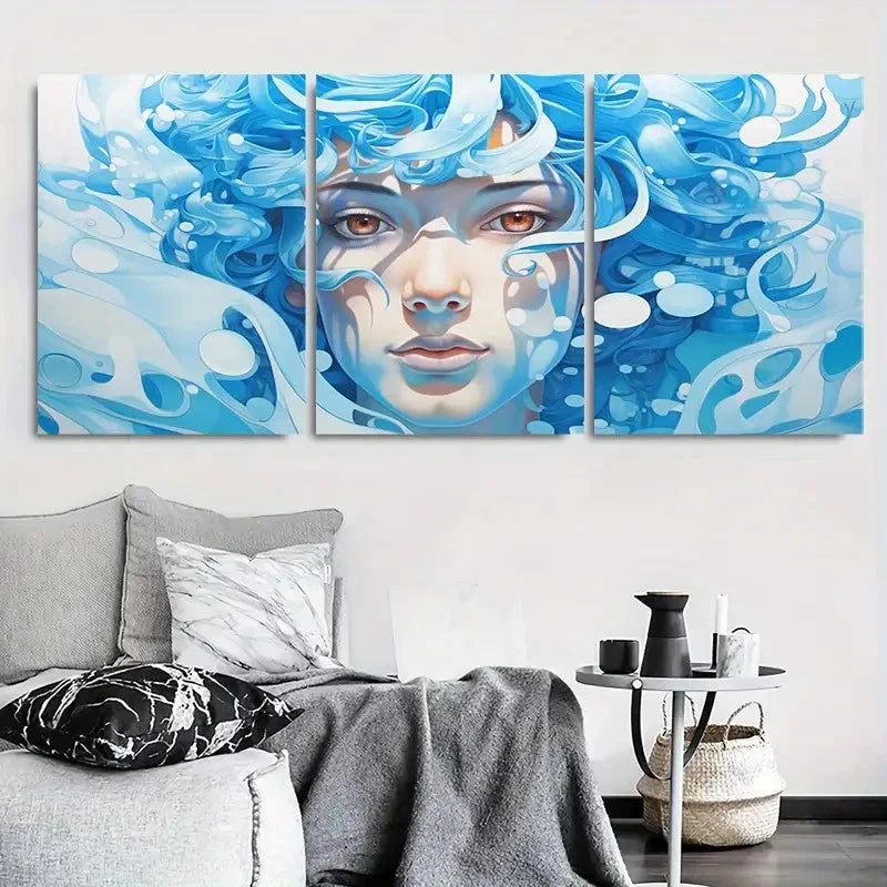 3pcs Surreal Blue Waterwoman Portrait Metal Print Ready to Hang Art